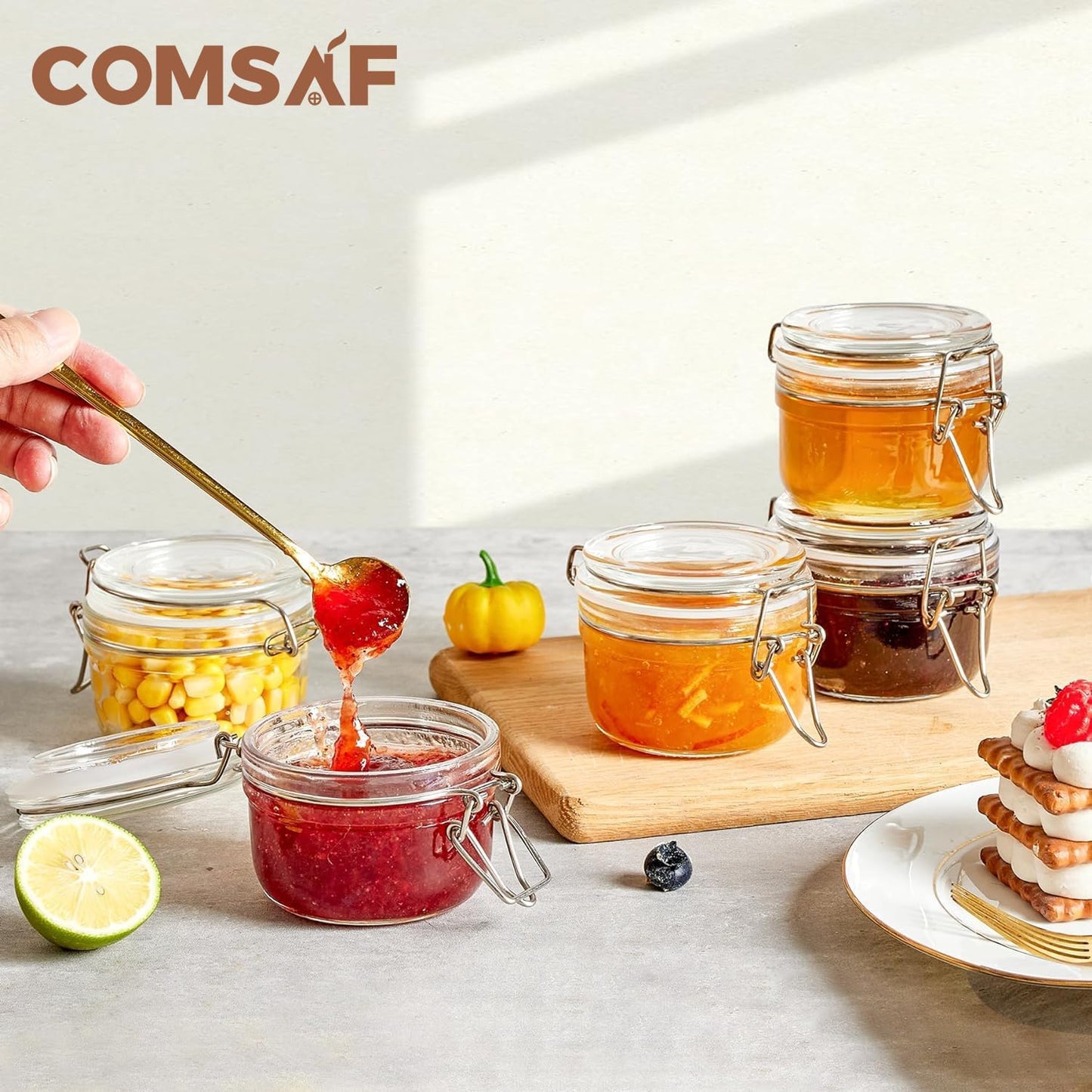 ComSaf 4oz Small Airtight Glass Jars Set of 6 with Lids Food Storage Jar Round, Mason Jar, Mini Storage Container with Clear Preserving Seal Wire Clip Fastening for Kitchen Canning, Jam, Spice, Honey