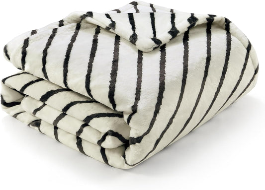 Lahome Boho Fleece Throw Blanket Black White Striped Fluffy Bed Throws Soft Cozy Warm Fuzzy Throw Blanket Reversible Blankets for Couch Sofa, Off White 50''x60''