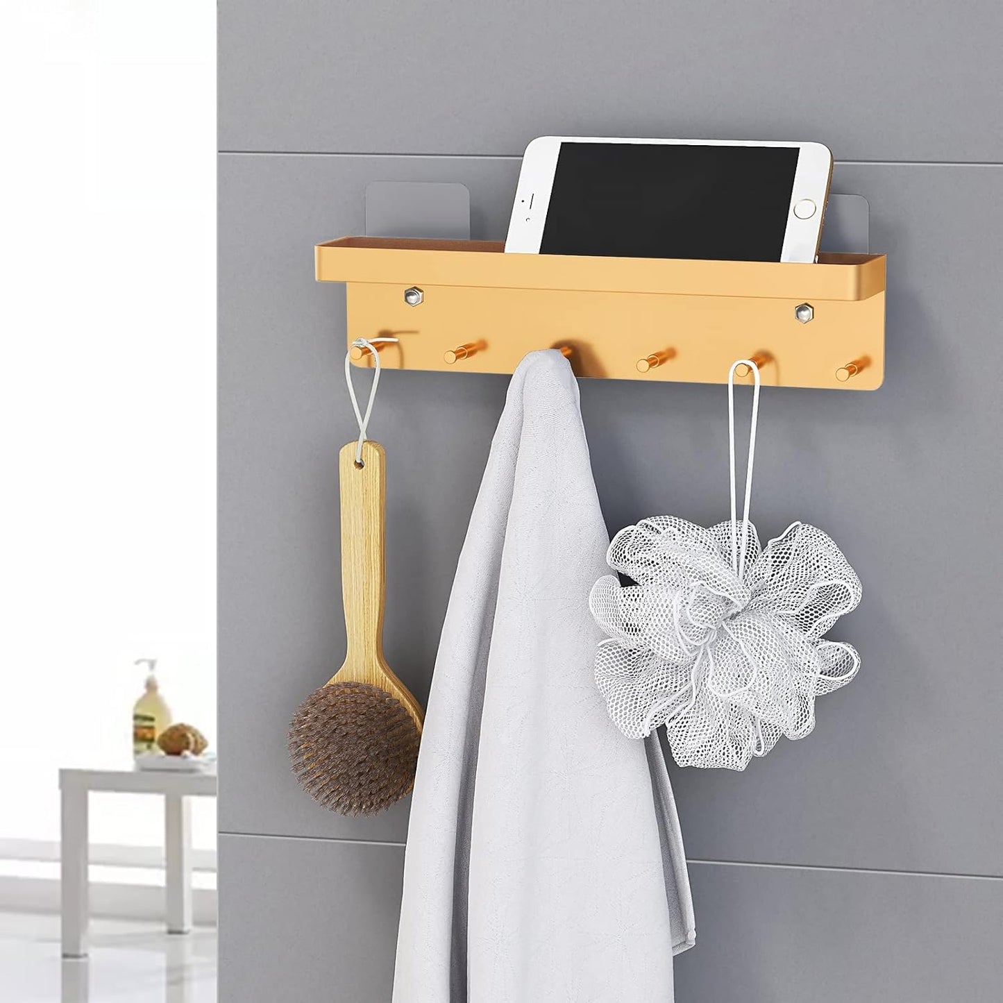MKO Key Holder for Wall, Mail Organizer and Key Rack with Tray for Hallway, 6 Key Hooks Wall Mount Adhesive(Gold)