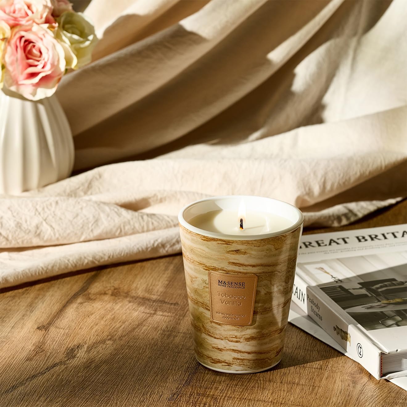 M&SENSE TobaccoVanilla Scented Candles for Home, Lead-Free Wick Highly Scented Jar Candles, 14.1 Oz 80 Hours Lasting Burning Candles Gifts for Women, Relaxing Aromatherapy Candle for Stress Relief