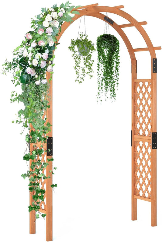 Giantex 7.7FT Wooden Garden Arbor Trellis, Outdoor Pergola Arch with Climbing Plant Support, Wood Wedding Arch for Ceremony, Pathway, Birthday Party, Garden Décor, Weather-Resistant, Easy Assembly