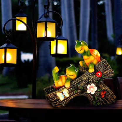 Garden Turtle Figurines Outdoor Decorations, Solar Statue Sweet Frog Face Turtles Decor with 4 LED Lights, Unique Garden Art Resin Statue Gifts for Patio Lawn Porch Yard