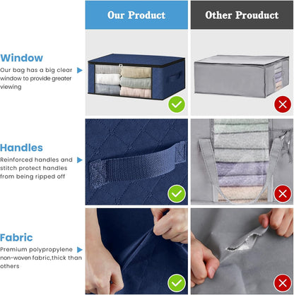 HomeHacks Storage 3-Pack Clothes Organizer Storage Bags Foldable Storage Box with Large Clear Window Sturdy Handles for Closet, Dorm, Pillows, Bedding, Clothes, Blankets, 35L, Blue