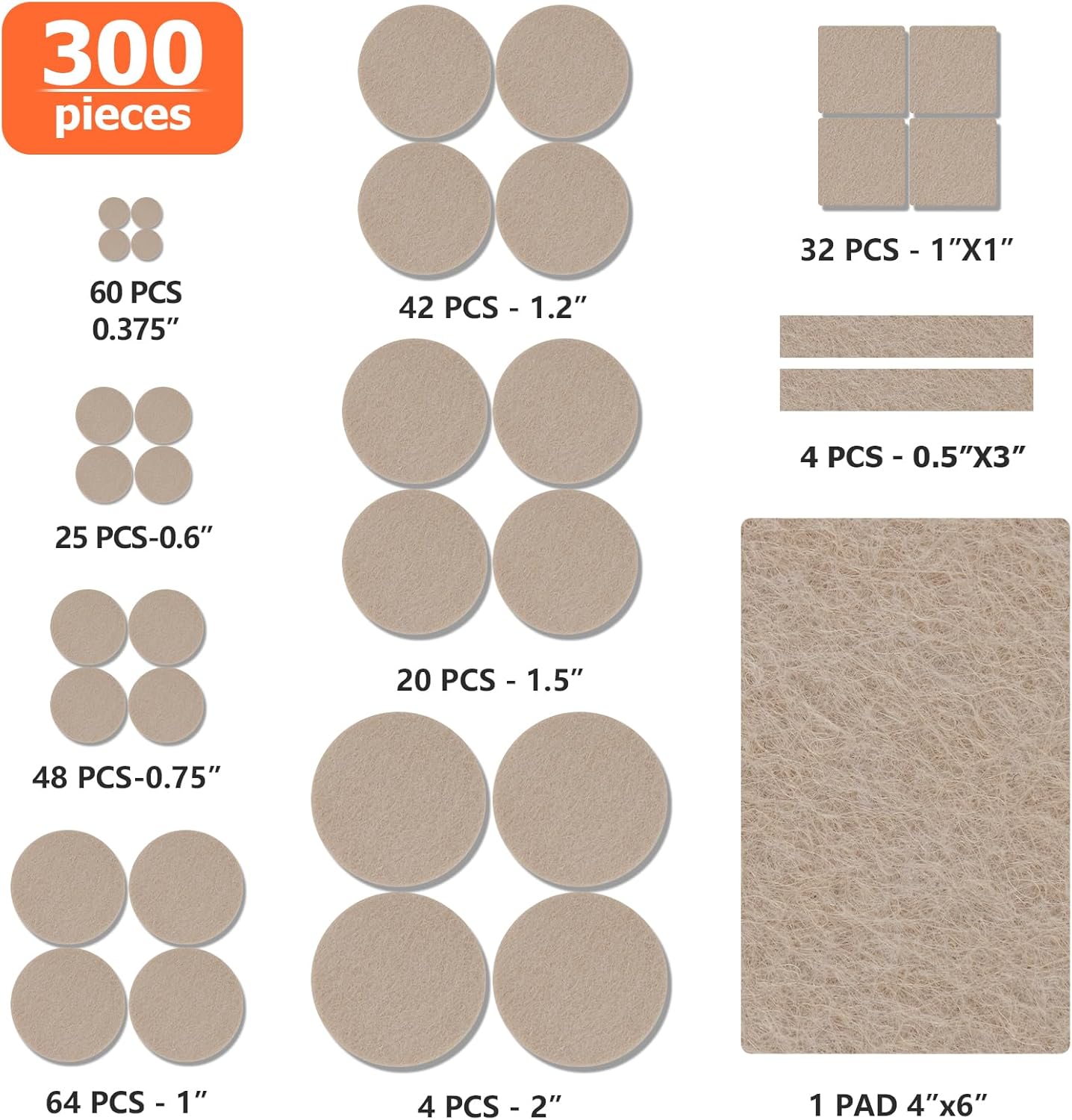 Felt Furniture Pads 300 Pieces, Furniture Pads for Hardwood Floors, Floor Protectors for Furniture Legs, Felt Pads for Furniture Beige