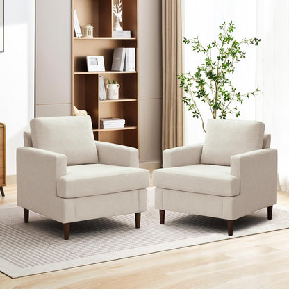 Mid-Century Accent Chair,Modern Linen Fabric Armchair for Living Room,Comfy Upholstered Reading Accent Chairs for Bedroom,Single Sofa Chair with Wood Legs (Beige, 2 Pack)