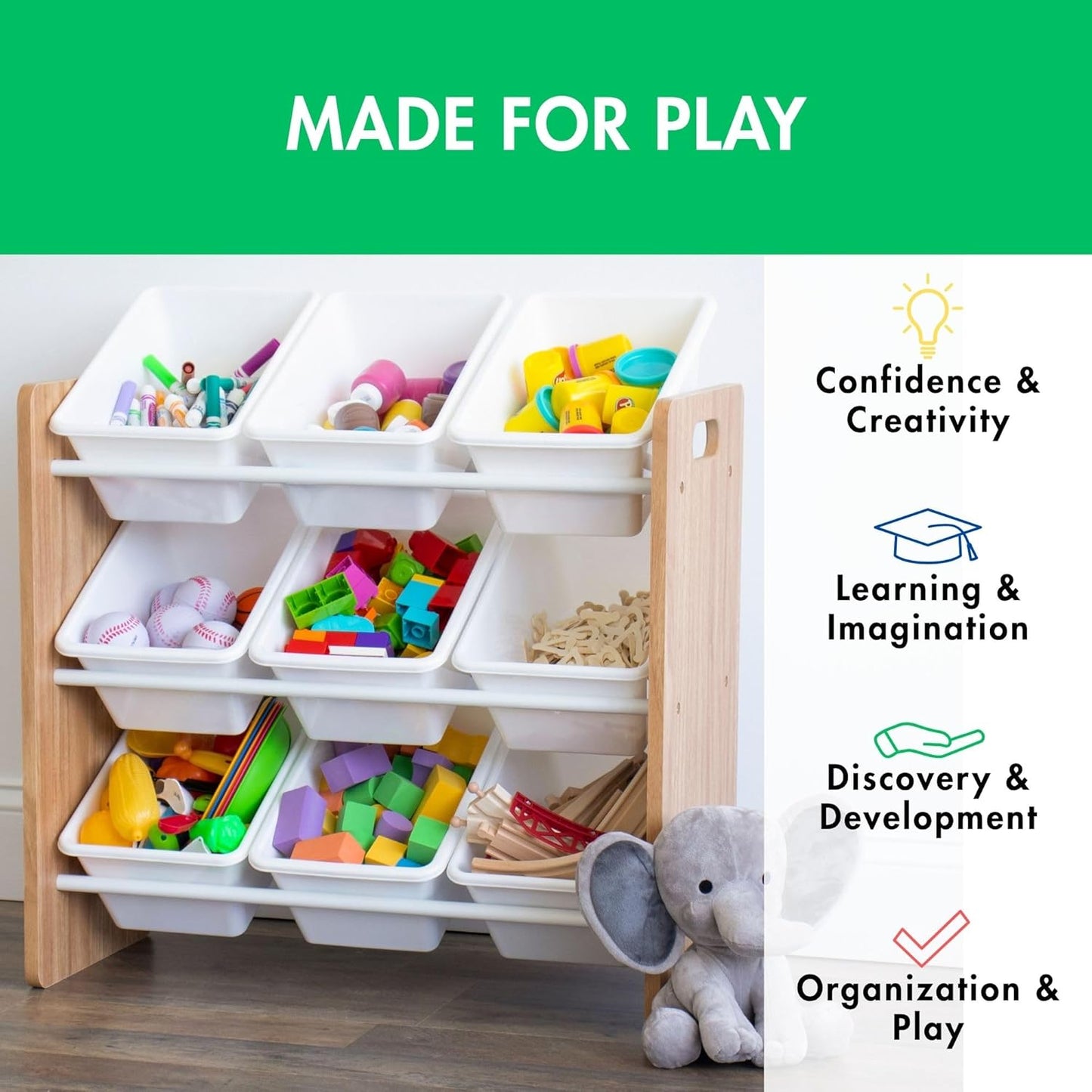 Humble Crew 9-Bin Toy Organizer – Journey Natural Wood with White Plastic Bins, 3-Tier Storage Solution for Kids' Playrooms and Nurseries