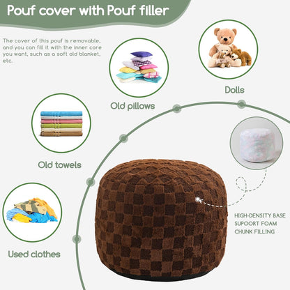 HIGOGOGO Round Stuffed Pouf Ottoman, Plaid Poufs with Foam Chunk Filling, Fluffy and Furry Pouf Foot Stool Storage Ottoman, 26 X 18 Floor Poufs Foot Rest for Living Room, Coffee