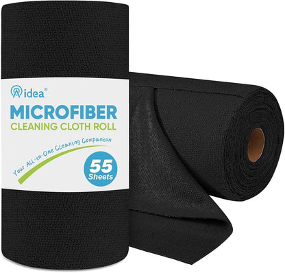 AIDEA Microfiber Cleaning Cloth Roll 55 Sheets, Black Microfiber Towels for Cars, Shop Rags Washable, Cleaning Rags Reusable Paper Towels for Automotive, Workshops, House, Cleaning Supplies 11×9"