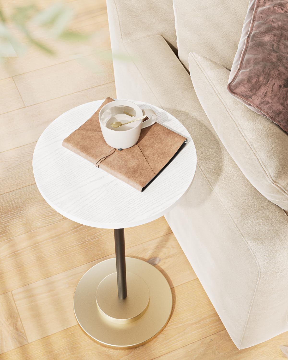 Masupu Drink Table, Round Side Table for Small Spaces, Pedestal Side Table, Small End Table with Metal Base, for Living Room, Bedroom, Bathroom, White