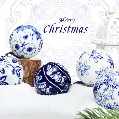 Cindeer 6 Pcs Blue and White Christmas Porcelain Balls 2.4 Inch Porcelain Chinoiserie Ornament Bulk Christmas Ceramic Hanging Decorative for Tree Home Xmas Party (Stylish Style)