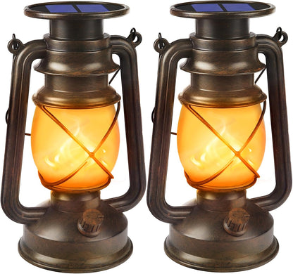 Solar Powered LED Lanterns Decorative Outdoor,2 Pack Bronze Vintage Lanterns with Dancing Flame,Waterproof Solar Hanging Lights for Camping Patio Garden Yard Pathway Decor