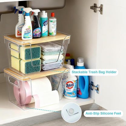 Stackable Trash Bag Dispenser with Bamboo Lid 2 Pack Clear Plastic Garbage Bag Holder, Potato Onion Storage, Kitchen Organizer for Countertop, Under Sink, Pantry