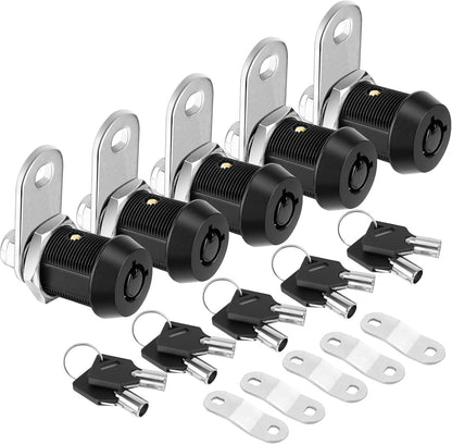 PTEROMY 5 Pack Heavy Duty Cabinet Lock with Keys, Black, 7/8'' Tubular Cam Lock for RV Compartment Storage Locks, Complete Set with Waterproofing Features