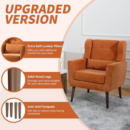 Accent Chair Set of 2, Upholstered Armchair with Pillow, Fabric Single Sofa Chair with Lounge Seat and Wood Legs Accent Chair for Living Room Small Spaces (Orange, Set of 2)