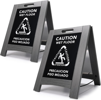 Premium Outdoor Composite Caution Wet Floor Sign – Bilingual w/Non-Skid Plastic Feet, Black Plate – For Hotels, Schools, Offices, Areas, Restrooms, Pool Decks - Grey (2 Pack)