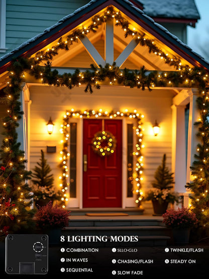 6pk Warm White Solar Christmas Lights Outdoor Waterproof, 600 LED 198FT Solar Powered LED String Lights Green Wire with 8 Modes, Solar Fairy Lights for Xmas Tree Party Wedding Garden Fence Decorations