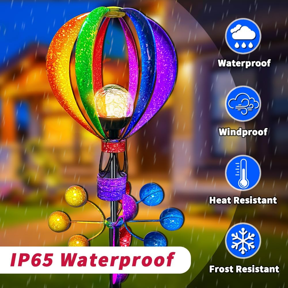 Solar Wind Spinner Outdoor - Hot Air Balloon Wind Spinners, Metal Garden Decor with LED Lights, 360° Rotating Waterproof Yard Decorations, Solar Powered for Day & Night, Lawn & Patio Windmill