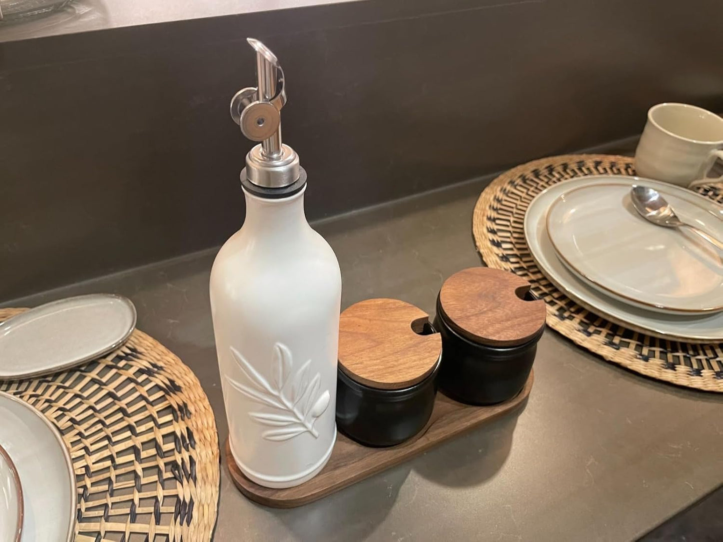 20 Oz Ceramic Olive Oil Dispenser Bottle, with Stainless Steel Spout & Funnel, Ideal for Oil, Vinegar, Coffee Syrup & Liquids (White)