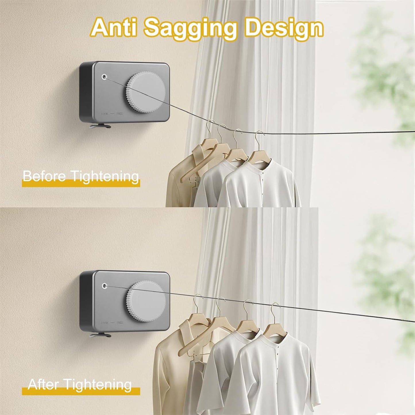 Retractable Clothesline Indoor/Outdoor, Anti-Sag for Drying Clothes Line Retracting Indoor/Outdoor, We Equipped This 13.8 Fts Laundry line Retractable with 4 Large Clips
