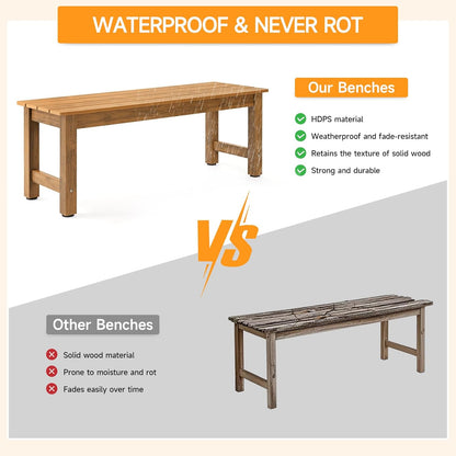 Outdoor Bench, 2-Person Poly Lumber Garden Bench, All-Weather Patio Bench Will not Rot and Fade for Garden, Porch, Backyard and Park, Easy Installation, Teak
