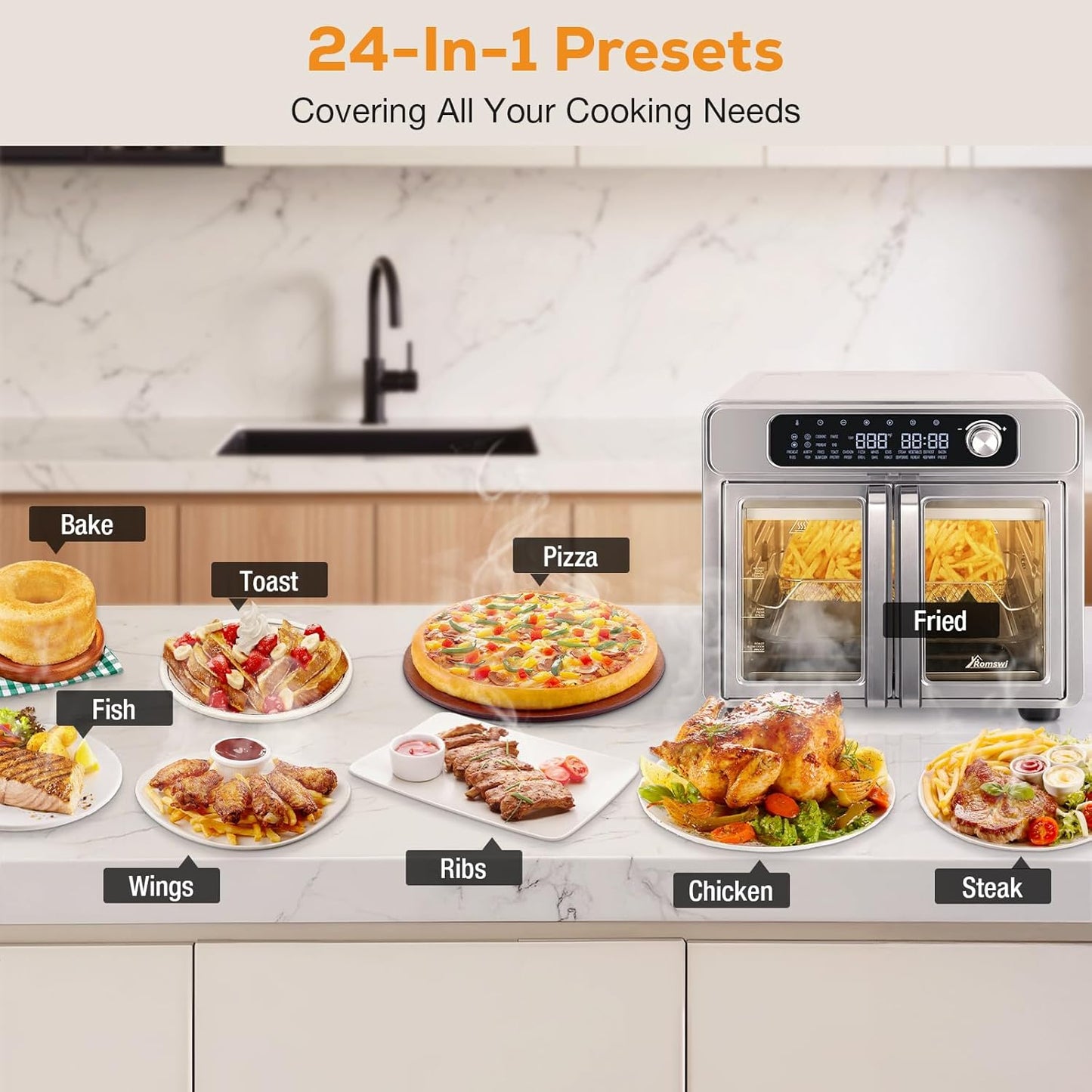 Romswi 26QT French Door Air Fryer Toaster Oven Combo, 24 Cooking Functions and Digital Controls, Fits 12" Pizza, 6 Slices of Toast, Rotisserie 6lb Chicken, 6 Accessories Included