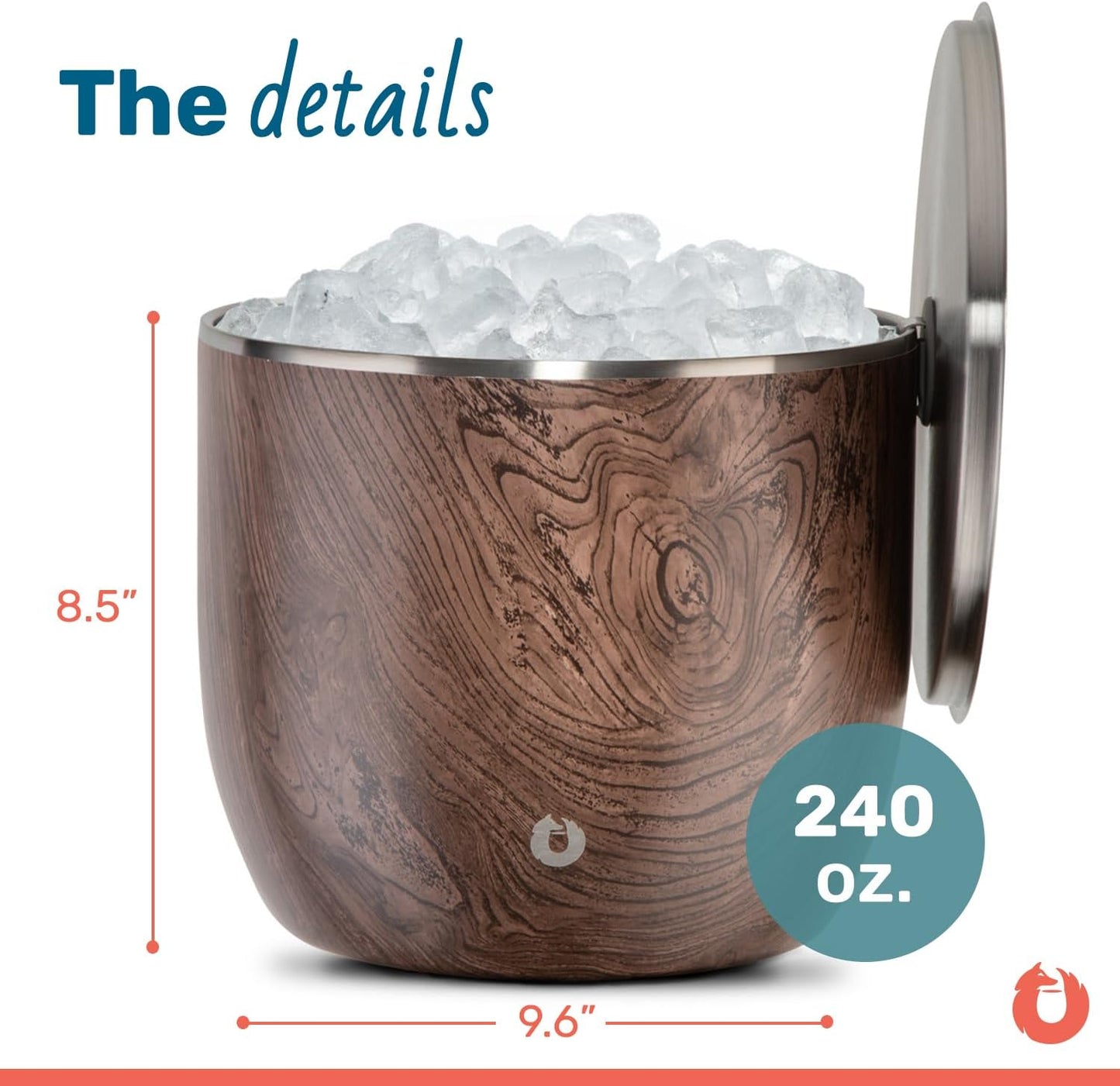 SNOWFOX XL Premium Vacuum Insulated Double Wall Stainless Steel Ice Bucket with Lid/Scoop, Bar Accessories, Large Elegant Party Bucket, Chill Several Bottles, Beautiful Entertaining, 7L, Dark Walnut
