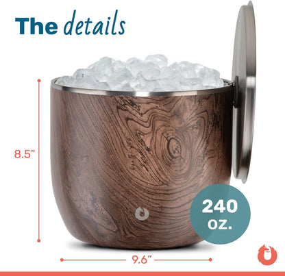 SNOWFOX XL Premium Vacuum Insulated Double Wall Stainless Steel Ice Bucket with Lid/Scoop, Bar Accessories, Large Elegant Party Bucket, Chill Several Bottles, Beautiful Entertaining, 7L, Dark Walnut