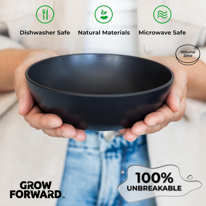 Grow Forward Premium Wheat Straw Bowls - 20oz Microwave Safe Plastic Cereal Bowls Set of 8 for Kitchen, Camping, RV, Dessert, Snack, Soup, Salad, Fruit - Reusable, Unbreakable & BPA Free - Midnight