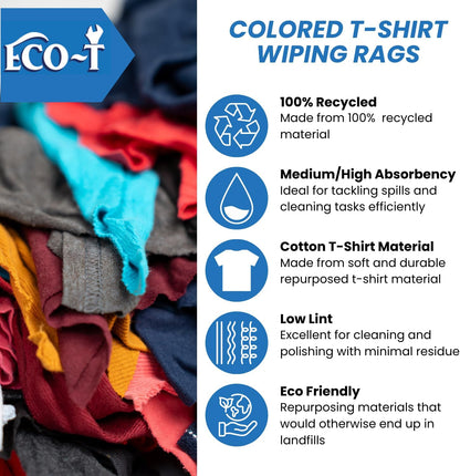 25 Lb Box Eco-T Mechanic Shop Rags - Colored T-Shirt Material, 100% Recycled, Eco-Friendly, High Absorbency, Low Lint, Low-Cost, Industrial Use Wiping Cloth