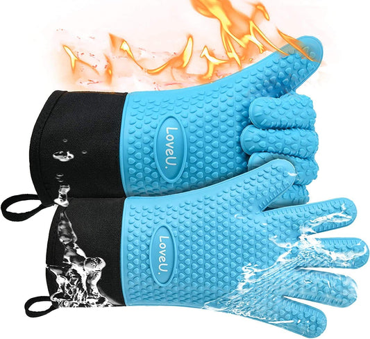 Kitchen Oven Gloves - Dual-Layer Heat Resistant Grilling Gloves, Silicone Oven Mitts with 5 Fingers, Waterproof Non-Slip Pot Holder for Barbecue, Cooking, Baking (Blue, Long)