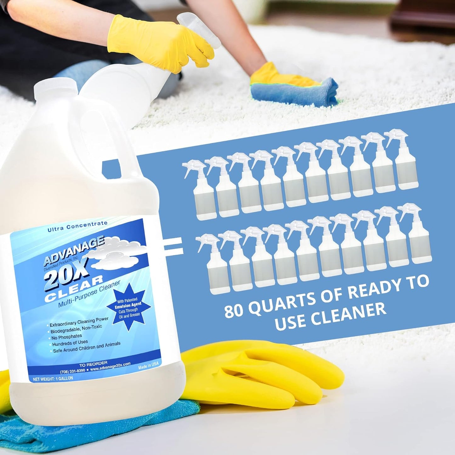 All Purpose Cleaner Concentrate - Advanage 20X The Wonder Cleaner Unscented for All Surfaces Around Bathroom, Kitchen, Oil and Grease | Multi Purpose Cleaner for Household Cleaning Solution, 128 Fl Oz