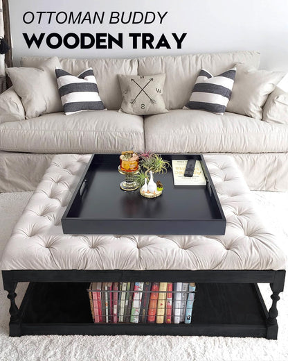 20 Inches Square Wooden Ottoman Tray Black, Large Wood Serving Tray with Handles for Living Room, Serving Food Breakfast, Ottoman Coffee Table Couch Sofa Kitchen