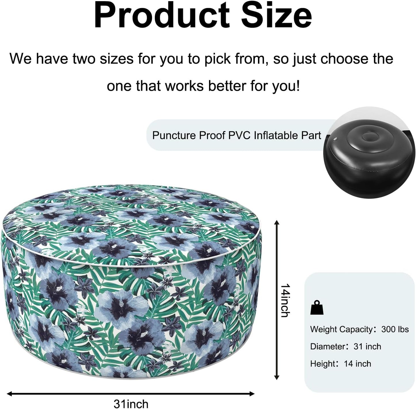 Inflatable Ottoman Stool D31 xH14 for Outdoor/Indoor Use, Water Repellent Patio Foot Rest with Portable Handle,Round Pouf Ottoman Suitable for Garden,Deck and Camping - Blue Salmone Tropical