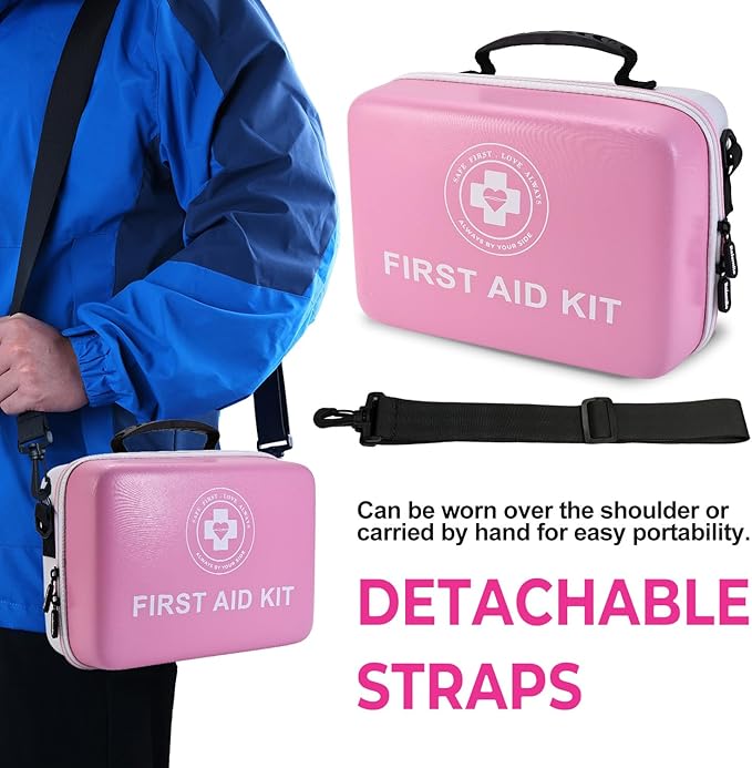 Large First Aid Kit - 410 Piece Dual-Color Emergency Kit with Hard Shell,Professional Survival Kit for Home, Car, Travel, Hiking & Outdoor(Pink/White)