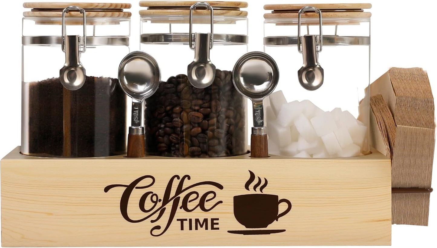 Glass Coffee Canister Set with Shelf & Spoons 3 Piece Coffee Containers for Ground Coffee Coffee Bean Storage Airtight Seal, Coffee Bar Coffee Filter Holder for Kitchen Organization