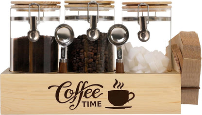 Glass Coffee Canister Set with Shelf & Spoons 3 Piece Coffee Containers for Ground Coffee Coffee Bean Storage Airtight Seal, Coffee Bar Coffee Filter Holder for Kitchen Organization