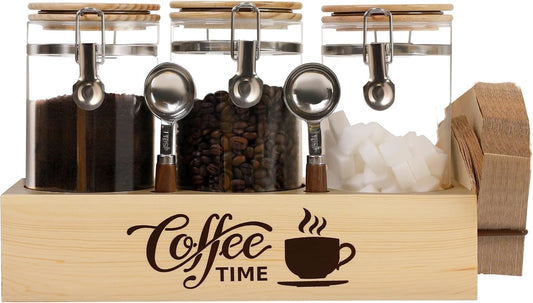 Glass Coffee Canister Set with Shelf & Spoons 3 Piece Coffee Containers for Ground Coffee Coffee Bean Storage Airtight Seal, Coffee Bar Coffee Filter Holder for Kitchen Organization