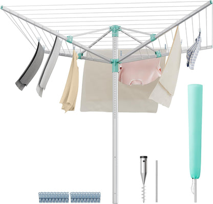 SONGMICS Umbrella Drying Rack, Retractable Outdoor Drying Rack, Height Adjustable, 164 ft Long Clothesline, Holds 5 Laundry Loads, for Garden, with Ground Spike, Cover, Silver and Green ULLR301E01