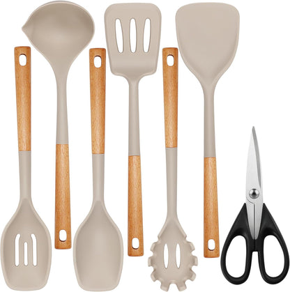 QMVESS Silicone Cooking Utensils Set, Kitchen Utensils Set 7 Pcs with Long Wooden Handle, Food Grade and Heat Resistant Large Silicone Spatula Set for Nonstick Cookware, BPA Free（Khaki）