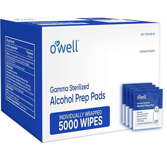 OWELL Prep Pads - 5,000 Individually Wrapped Sterile Alcohol Wipes, Medium 2-Ply Antiseptic Wipes for Disinfecting Skin, First Aid Kit Alcohol Swabs (50 boxes of 100ct)