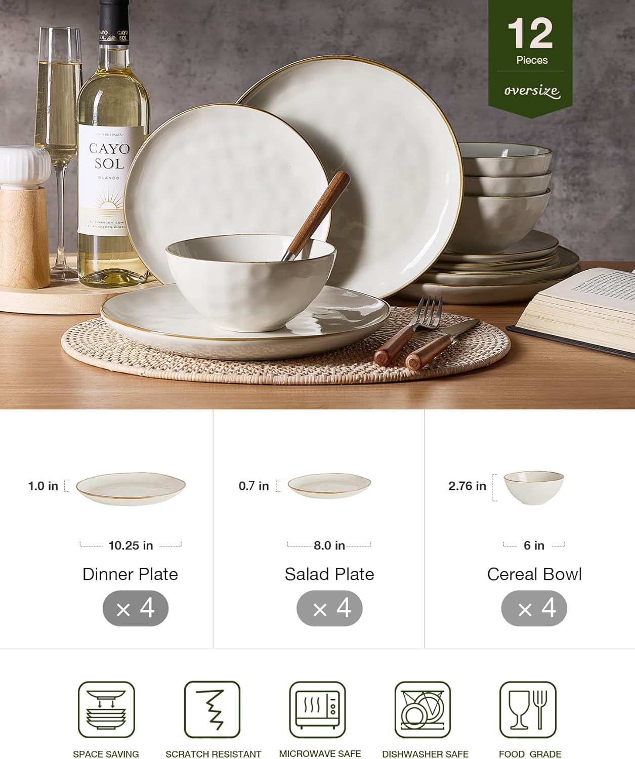 Famiware Dinnerware Sets for 4, Ocean Round 12-Piece Kitchen Plates and Bowls Sets, Microwave and Dishwasher Safe, Scratch Resistant, Vanilla White