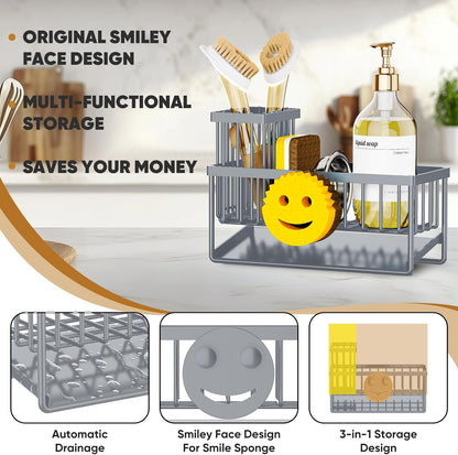 Sponge Holder for Kitchen Sink,Smiley Face Sink Caddy with Removable Brush Holder,Self-Draining Sponge Caddy for Soap,Dish Brush,Scrubber,Kitchen Essentials and Gadgets-Gray