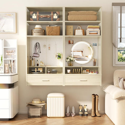 Unikito 24 inch Closet System with Drawers and Magnetic Pegboard, Wall Mounted Closet Organizer with Vanity Storage Shelves, Multipurpose Vanity Desk for Bedroom, Mudroom, and Entryway, White Oak