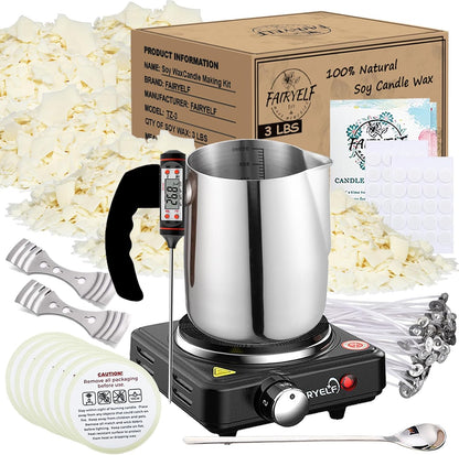 Soy Wax Candle Making Kit Supplies With Wax Melter, Natural Candle Wax for Candle Making - DIY Candles Making Supplies, Including 3lbs Soy Wax Flakes, Melting Pot, Electric Stove, Candle Wick