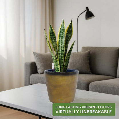 Dexceder 11x10 Inches Self Watering Planter Indoor Outdoor, Inner Pot Design, Thickened Table Flower Plant Pot with Water Level Indicator (Yellow Brown Gradient)