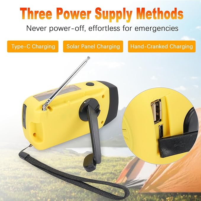 2000mAh Wind Up Radio, Portable Solar Emergency Radio with SOS Alarm, AM FM Weather and Torch, for Power Outage Camping Hiking (Yellow)