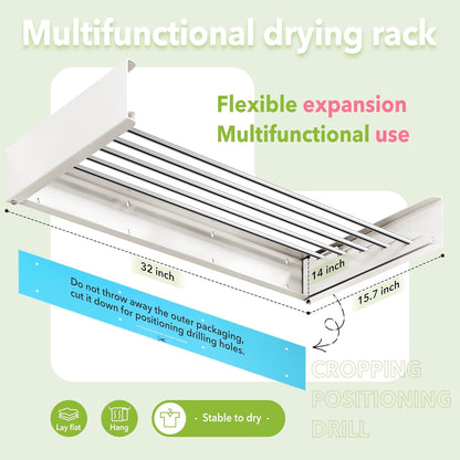 Wall Mounted Clothes Drying Rack 32 inches,Foldbale Laundry Drying Rack Wall Mount,Drying Rack Clothing Space Saver,Retractable,Collapsible,Folding Laundry Rack,White