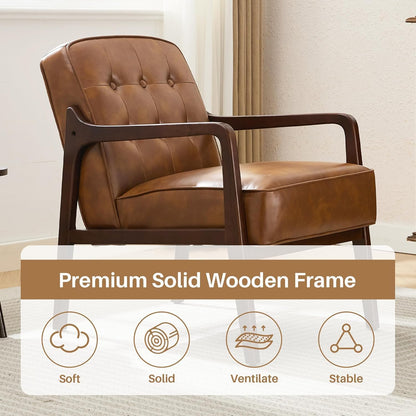 Faux Leather Accent Chair Set of 2, Mid Century Chair for Living Room, Upholstered Comfy Lounge Armchair with Solid Wood Frame, Modern Chair for Bedroom,105°Ergonomic Comfort, Brown