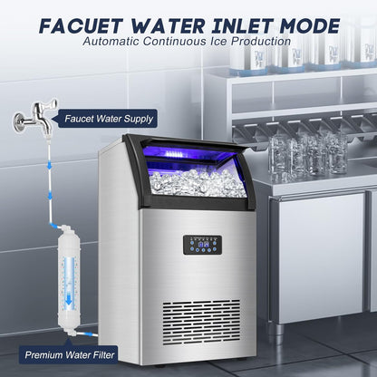 Commercial Ice Maker Machine 150LBS/24H with 50LBS Storage Bin, Stainless Steel Undercounter/Freestanding Ice Maker Machine for Home Bar Outdoor, 55PCS Ice Cubes Ice Machine, Self Cleaning