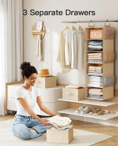 Pipishell Hanging Closet Organizer 6-Shelf, Hanging Shelves for Closet with 3 Removable Drawers & Side Pockets, Hanging Shelf Organizer for Bedroom or Garment Rack, 12'' x 12'' x 43.3'', Beige